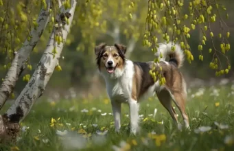 Pollenallergie beim Hund erkennen und lindern Hund im Frühling mit blühenden Birken
