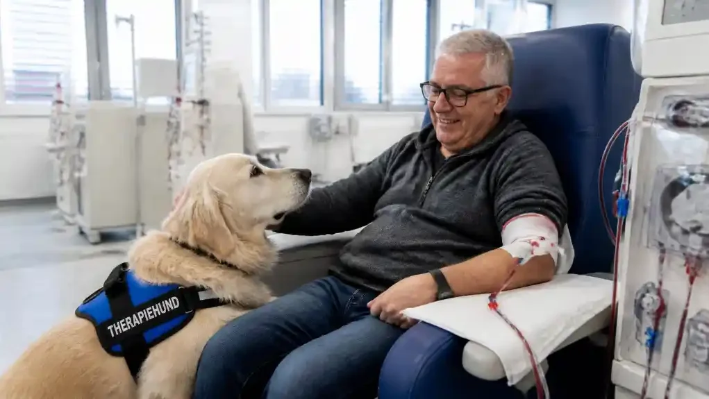 Therapiebegleithund in einemDialysezentrum_HN-AIgeneriert 2 Therapiebegleithund in einemDialysezentrum